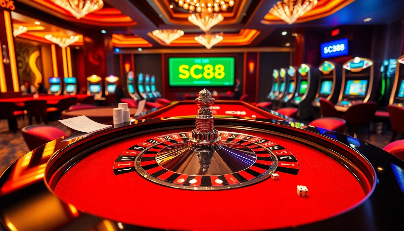 Engage with the thrilling SC88 gaming experience at a luxury casino with vibrant tables and excited players.