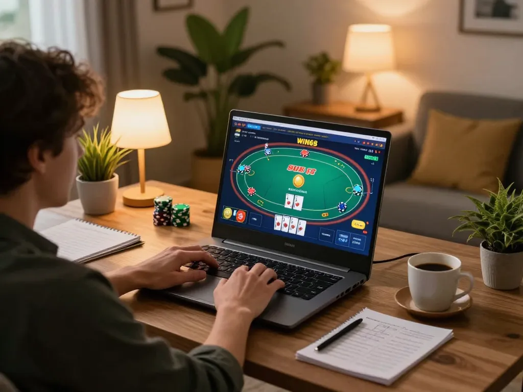Person engaging with the WIN68 online casino, playing poker on a laptop.