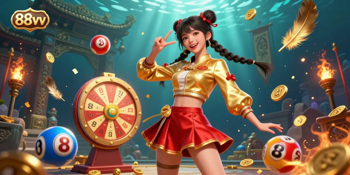 Experience the thrill at 88vv with a vibrant Asian woman in a casino setting, surrounded by lottery balls and confetti.