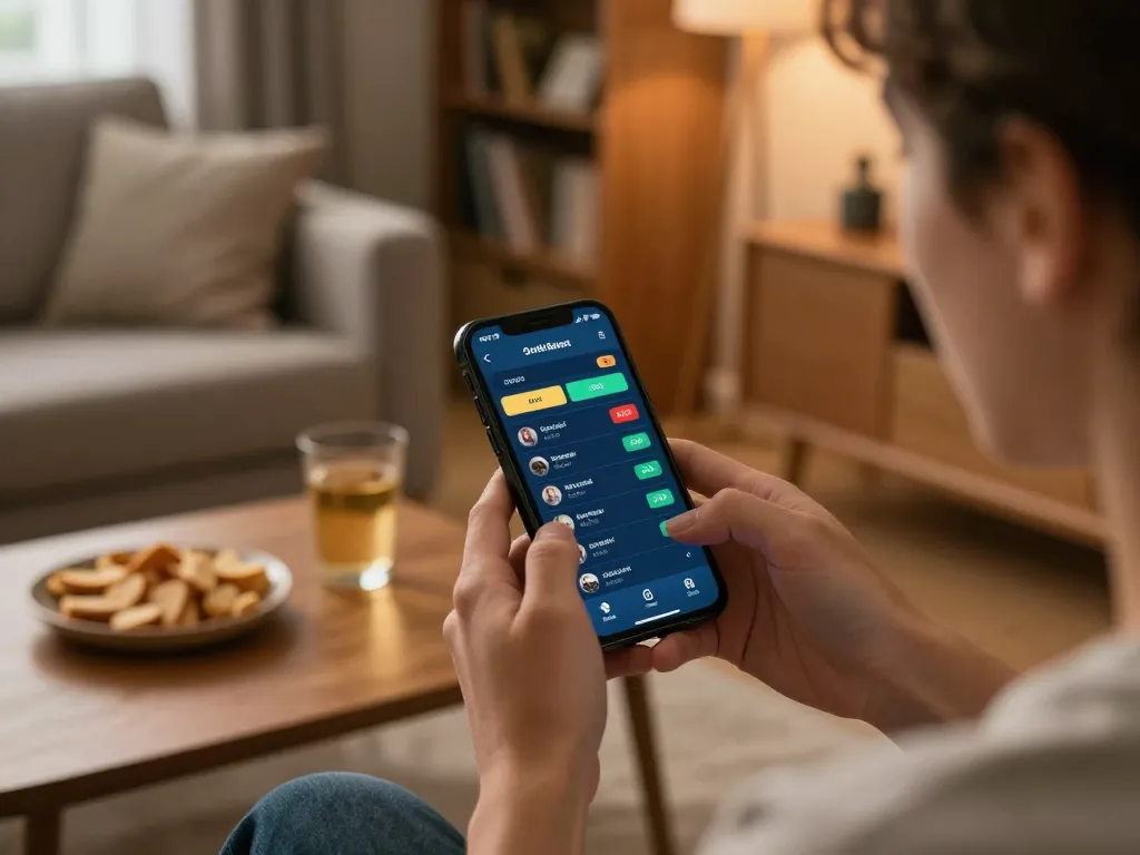 Winbd user placing cricket bets on mobile app in a cozy living room atmosphere