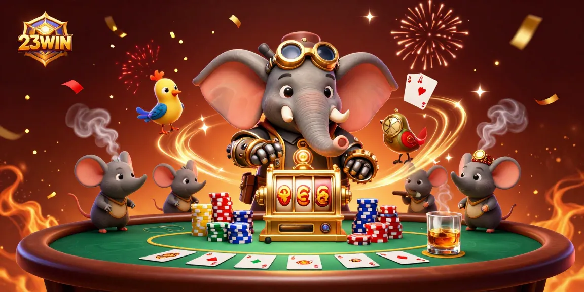 Engage with 23WIN while the steampunk elephant operates a golden slot machine, surrounded by rich poker elements.