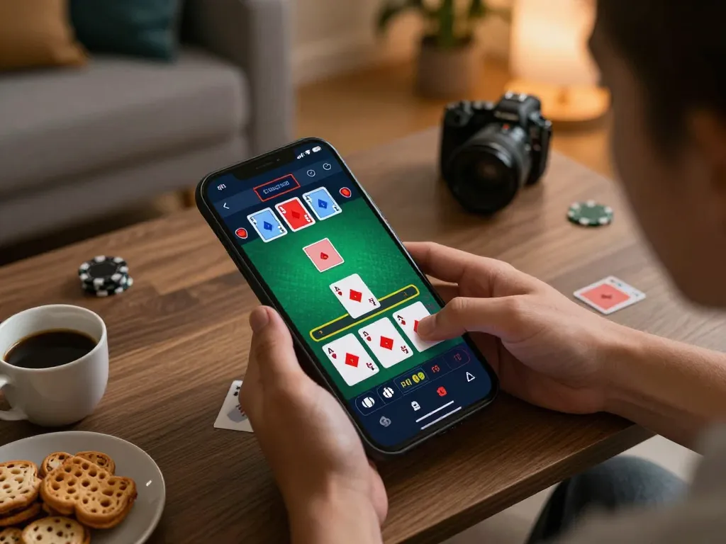 A player strategically placing bets in the vmax com online blackjack game on a smartphone in a cozy home setting