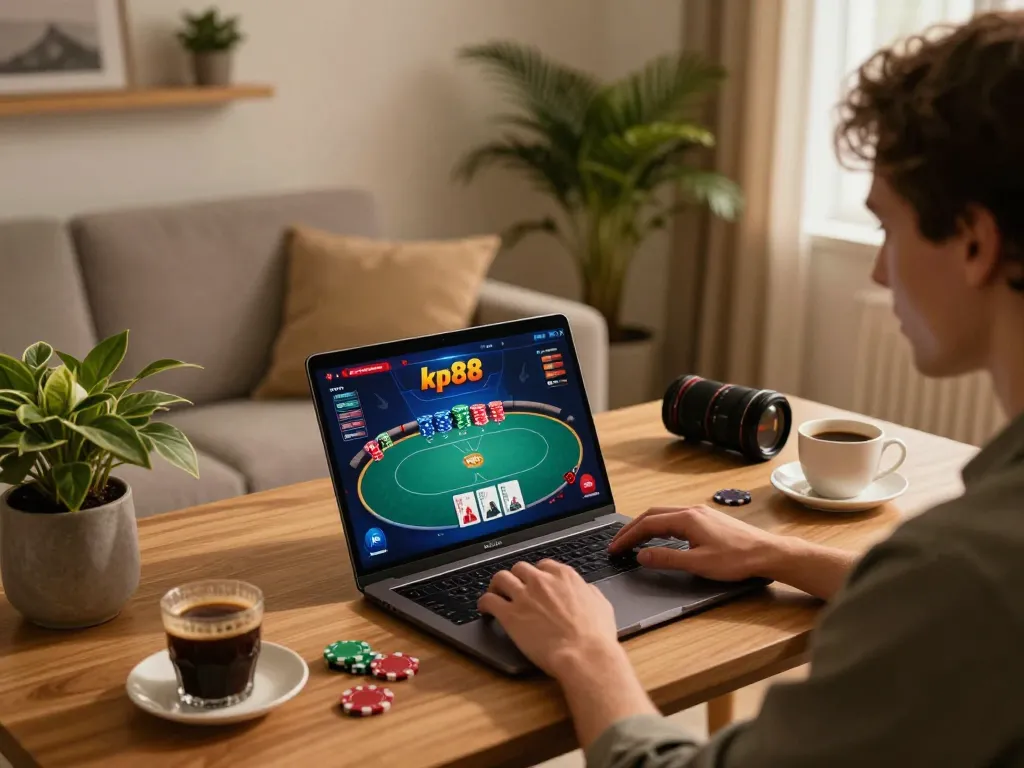 Engaging in poker gameplay on kp88 site with a cozy home atmosphere