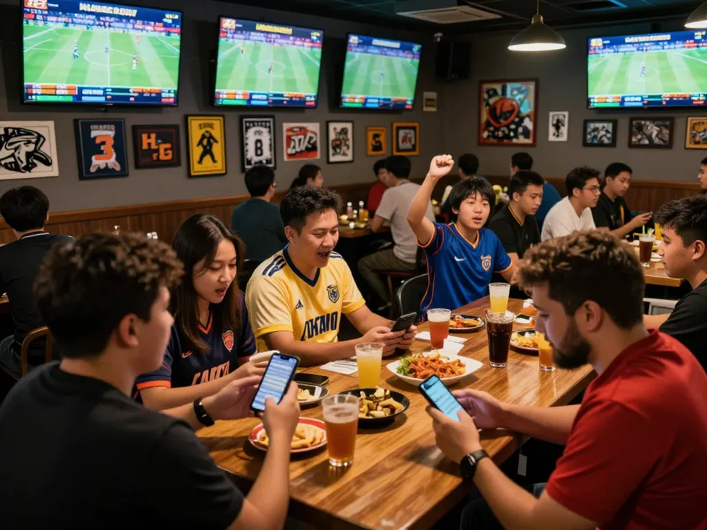 Fans engaged in keonhacai sports betting at a lively sports bar, showcasing betting strategies.