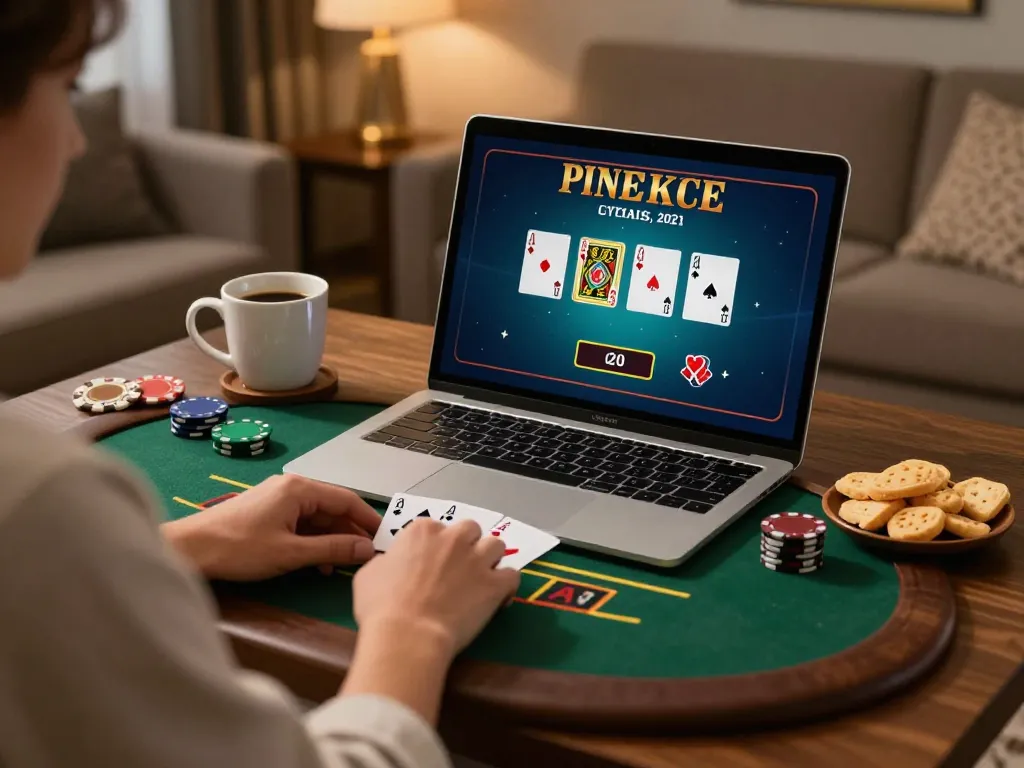 Player enjoying blackjack on luck8 com platform in cozy home setting with warm lighting.