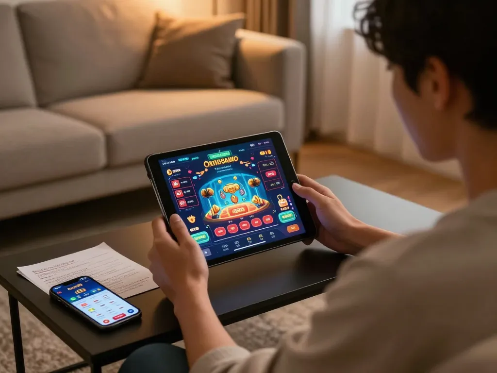 Engaged player using Good88 app for strategic online casino gaming on a cozy sofa.