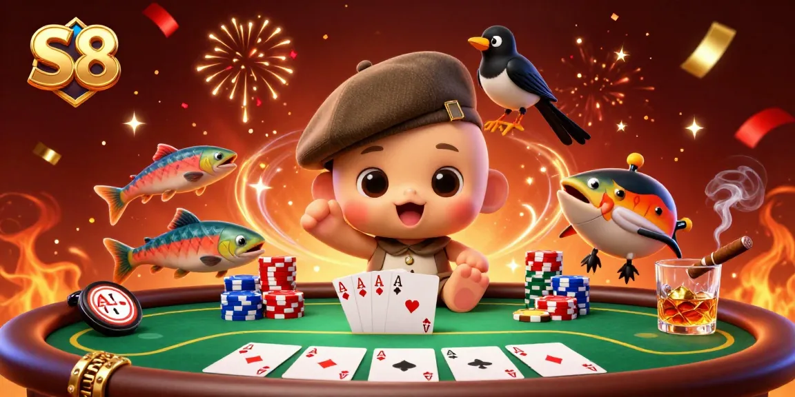 S8 brings excitement to gaming with a festive 3D illustration of cartoon Nessie enjoying a lively poker scene.