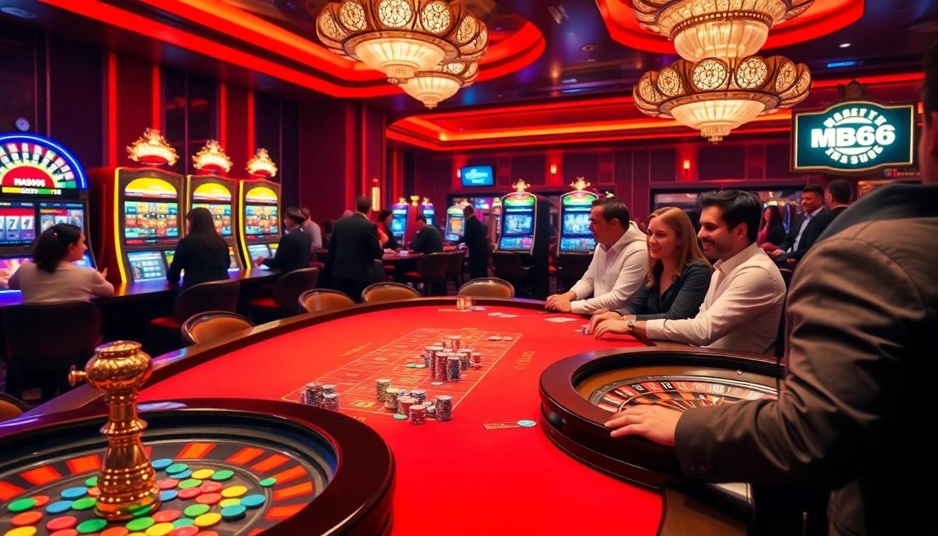 Experience the thrill of MB66 at a lively casino, with players engaged in high-stakes poker and exciting roulette.