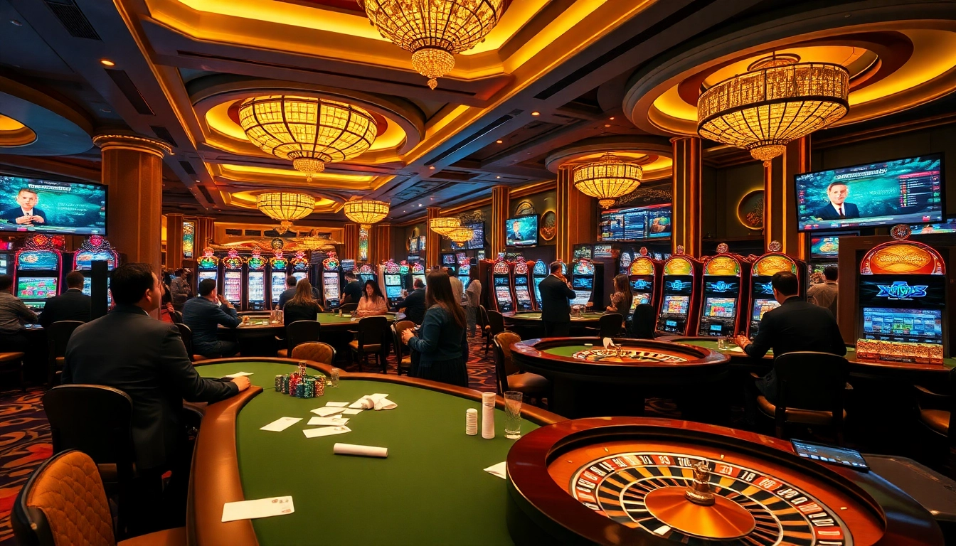 Players engaging in high-stakes poker at XX88 casino, surrounded by vibrant slot machines and roulette tables.
