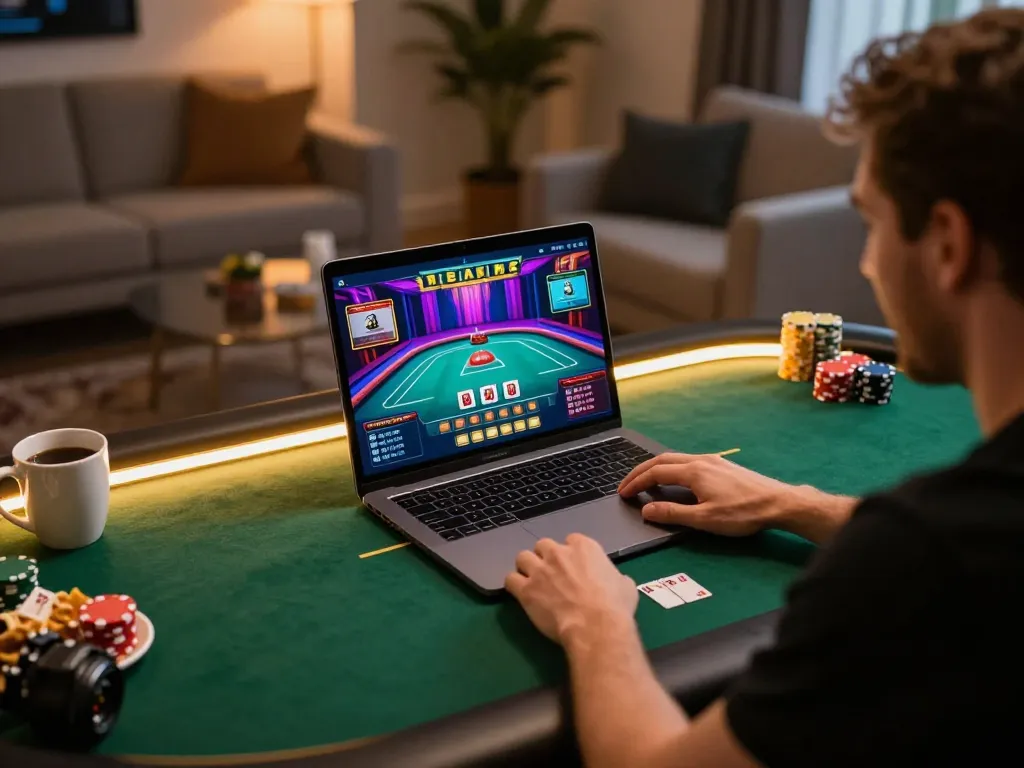 Player engaged in online poker at go8.com, showcasing an exciting home gaming setup.