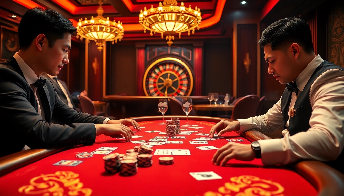 Engaged players at a KJC liên minh poker table showcasing luxury and excitement in a vibrant casino atmosphere.