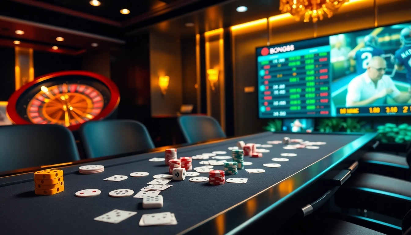 Experience thrilling gambling at bong88.casa with cards, chips, and a roulette wheel.