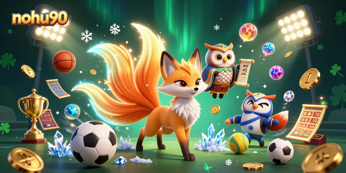 Experience the vibrant nohu90 gaming world with a magical fox spirit and wise owl sage.