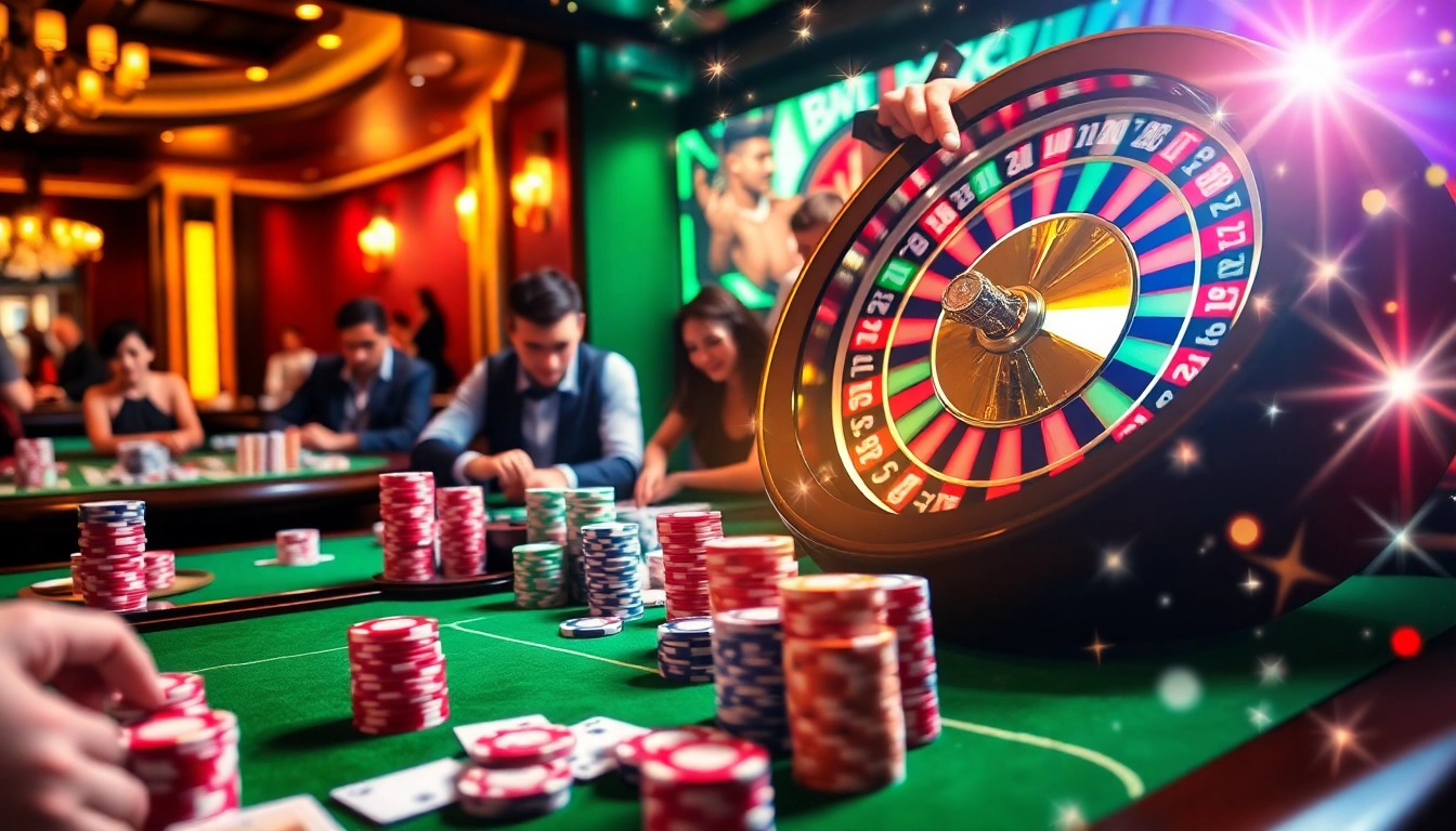 Experience the thrill of gambling at https://bem88.com with an engaging casino scene featuring poker tables and roulette wheels.