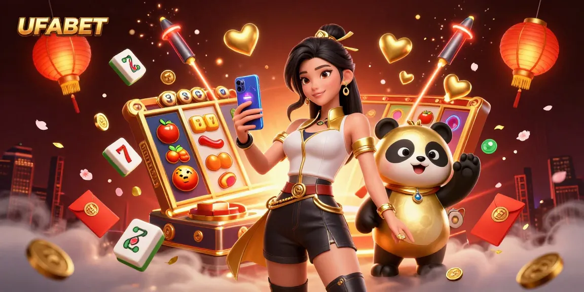 Engage with exciting slot games at UFABET featuring a dynamic scene of a woman and a panda.