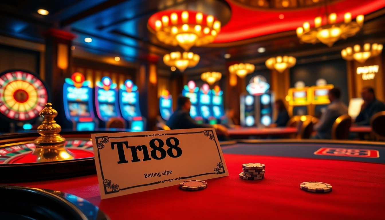 Place bets at the luxurious casino featuring tr88-themed poker chips and roulette table.