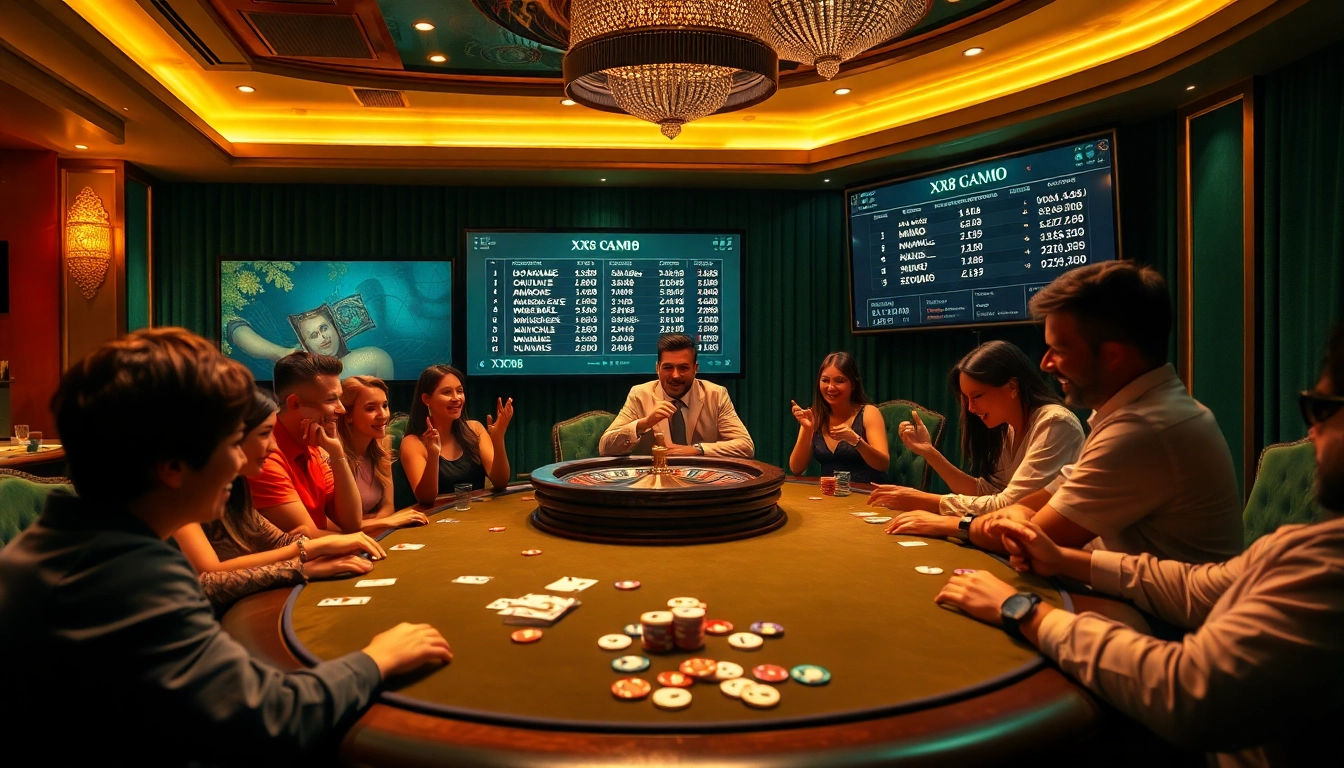 Action-packed poker game at XX88 casino table with vibrant chips and cards.