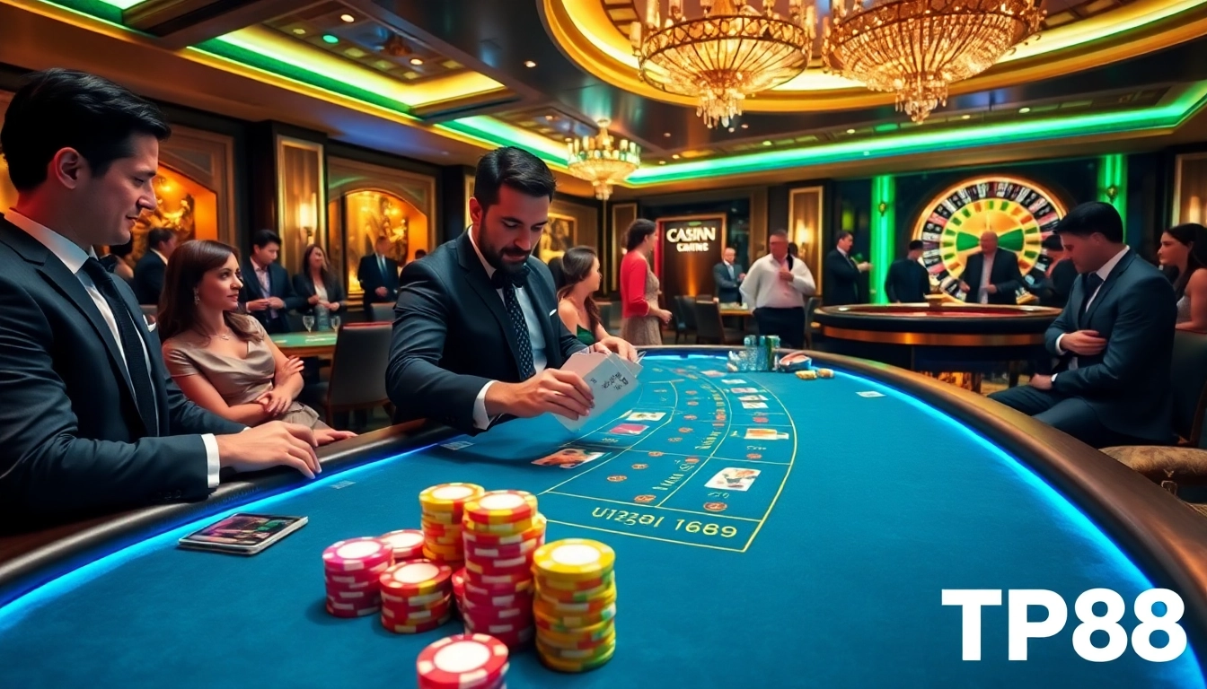 High-stakes gamblers enjoying a professional TP88 casino experience at a blackjack table.