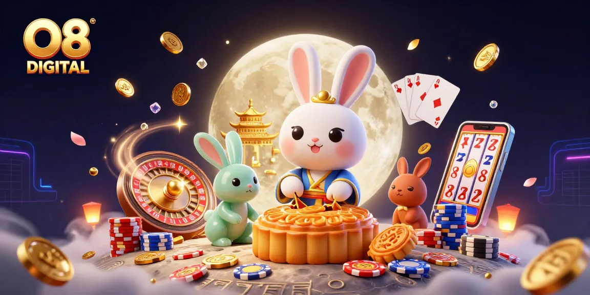 Experience exciting games at O8 DIGITAL with a vibrant 3D casino illustration filled with fun elements.