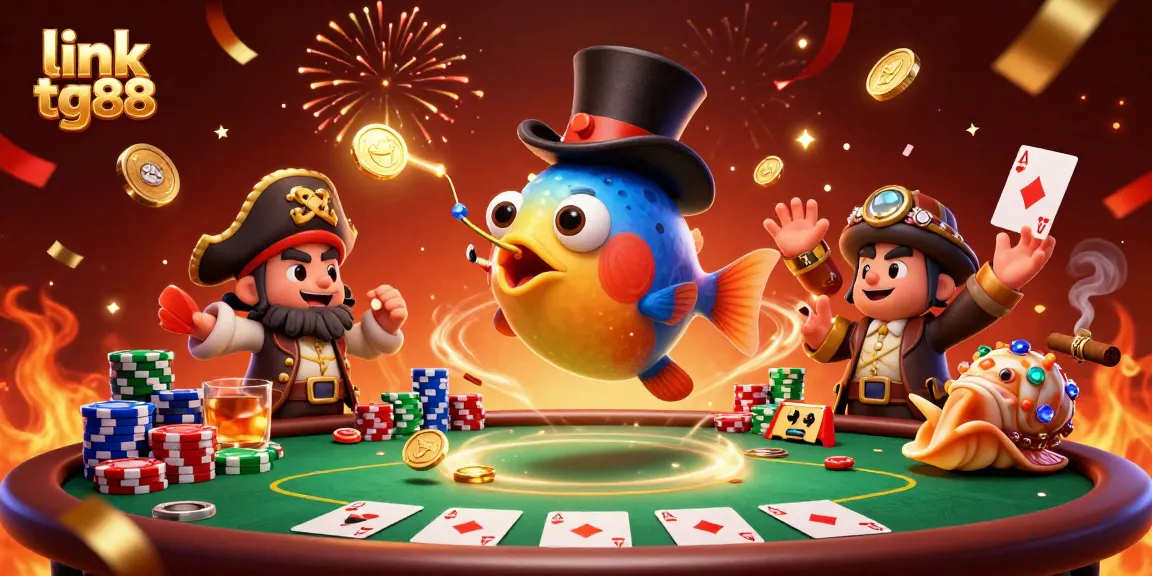 Play slot games at link tg88, featuring a vibrant 3D scene with poker elements, gold coins, and celebratory effects.