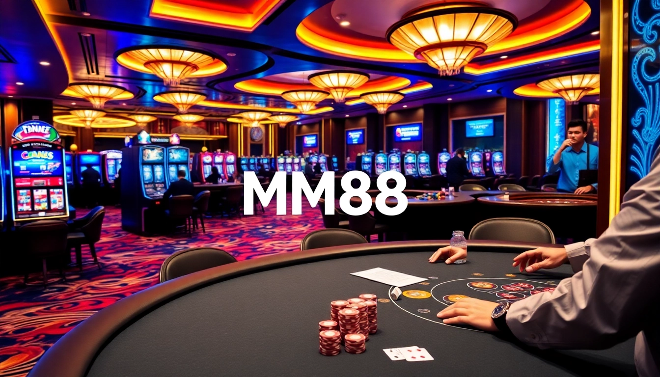 Players enjoying thrilling games with MM88 at a luxurious casino setting filled with excitement.