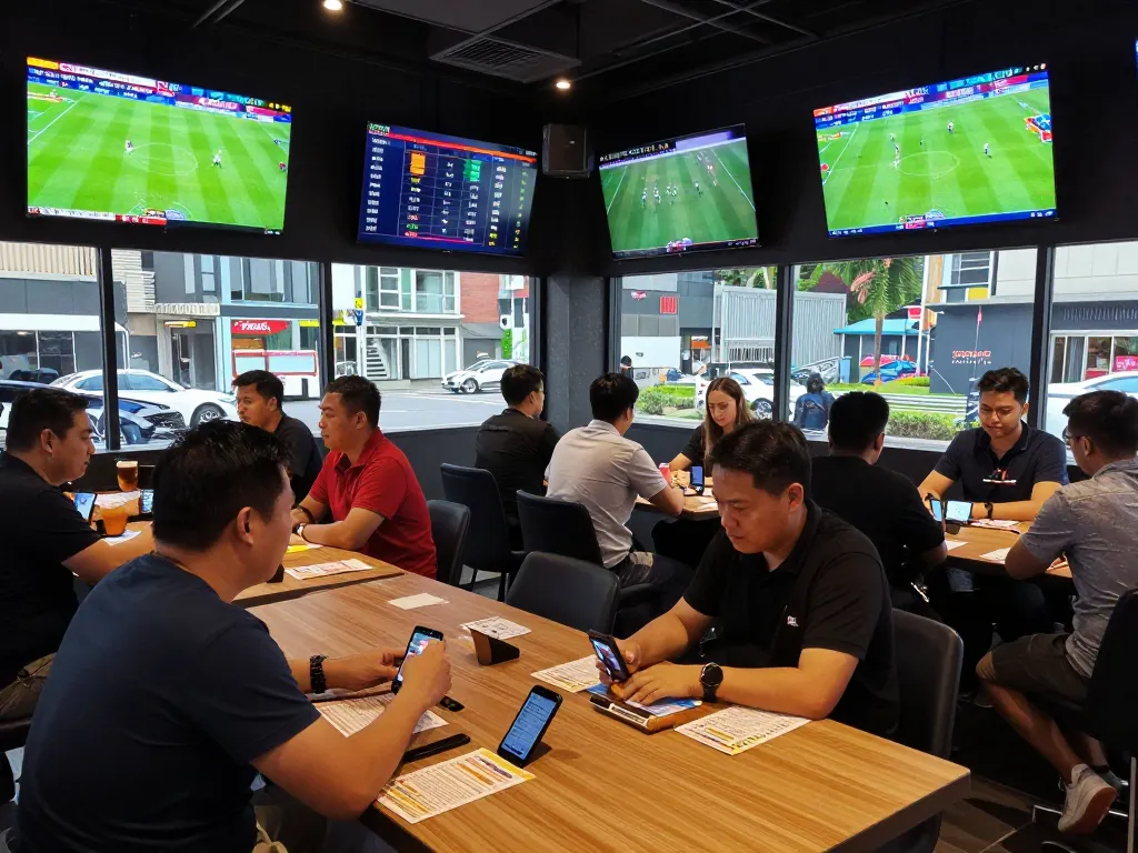 Betting enthusiasts carefully analyzing kết quả bóng đá in a bustling venue enhancing their wagering experience