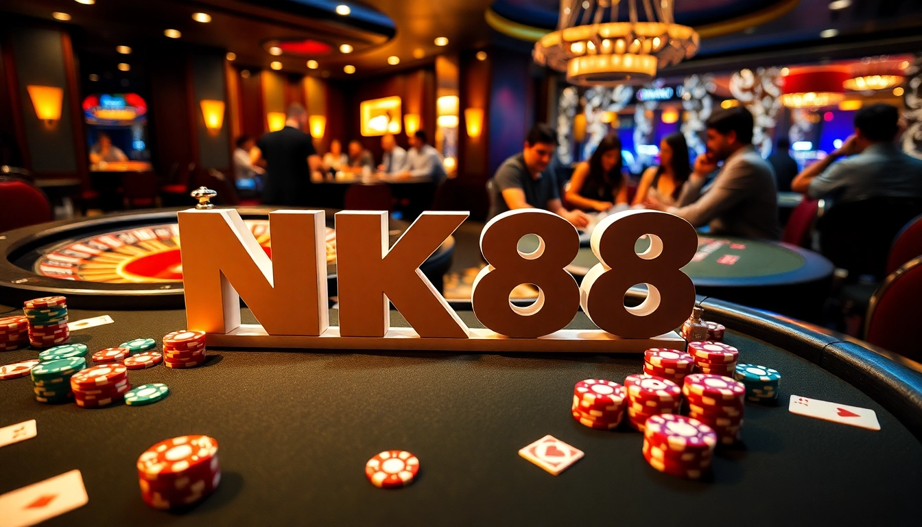 Engaged players enjoying a professional NK88 casino experience with poker chips and cards.