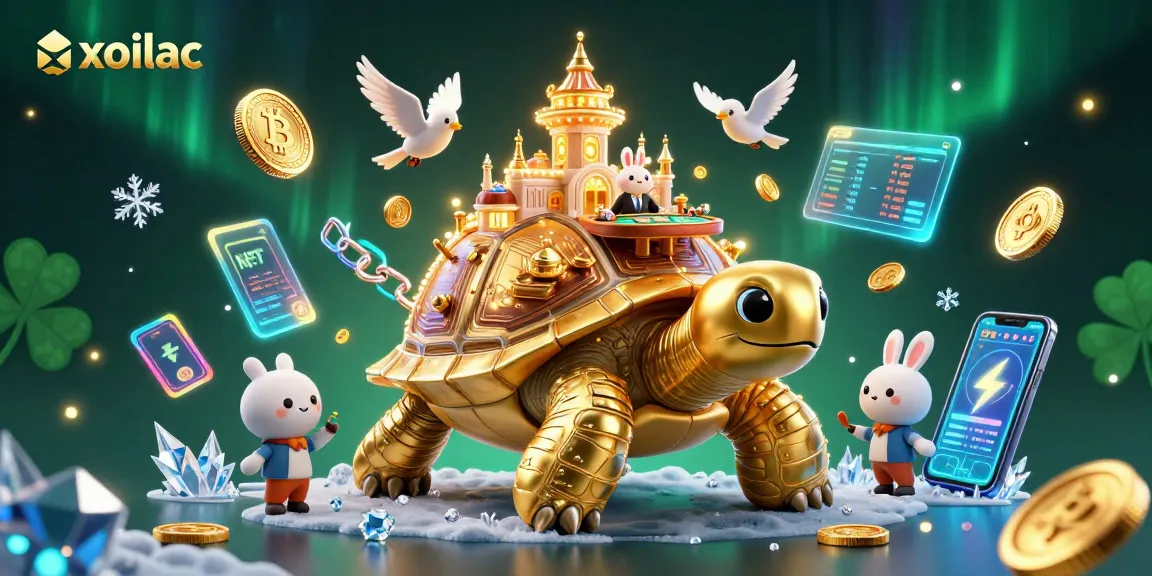 Xoilac showcases a vibrant casino gaming scene featuring a golden tortoise, rabbit dealer, and dynamic crypto elements.