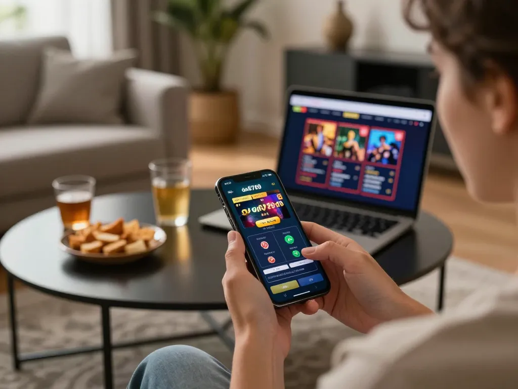 Player engaging with ga6789 app on smartphone in a cozy living room.