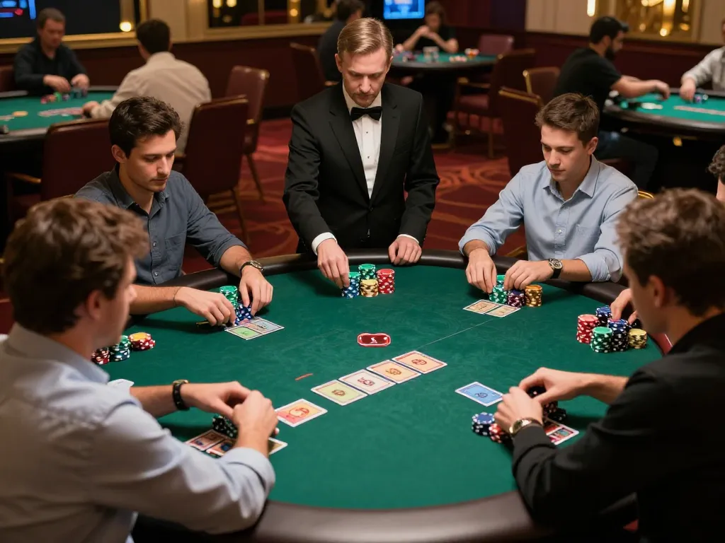 Bong88 players enjoying a lively poker game in a vibrant casino environment.