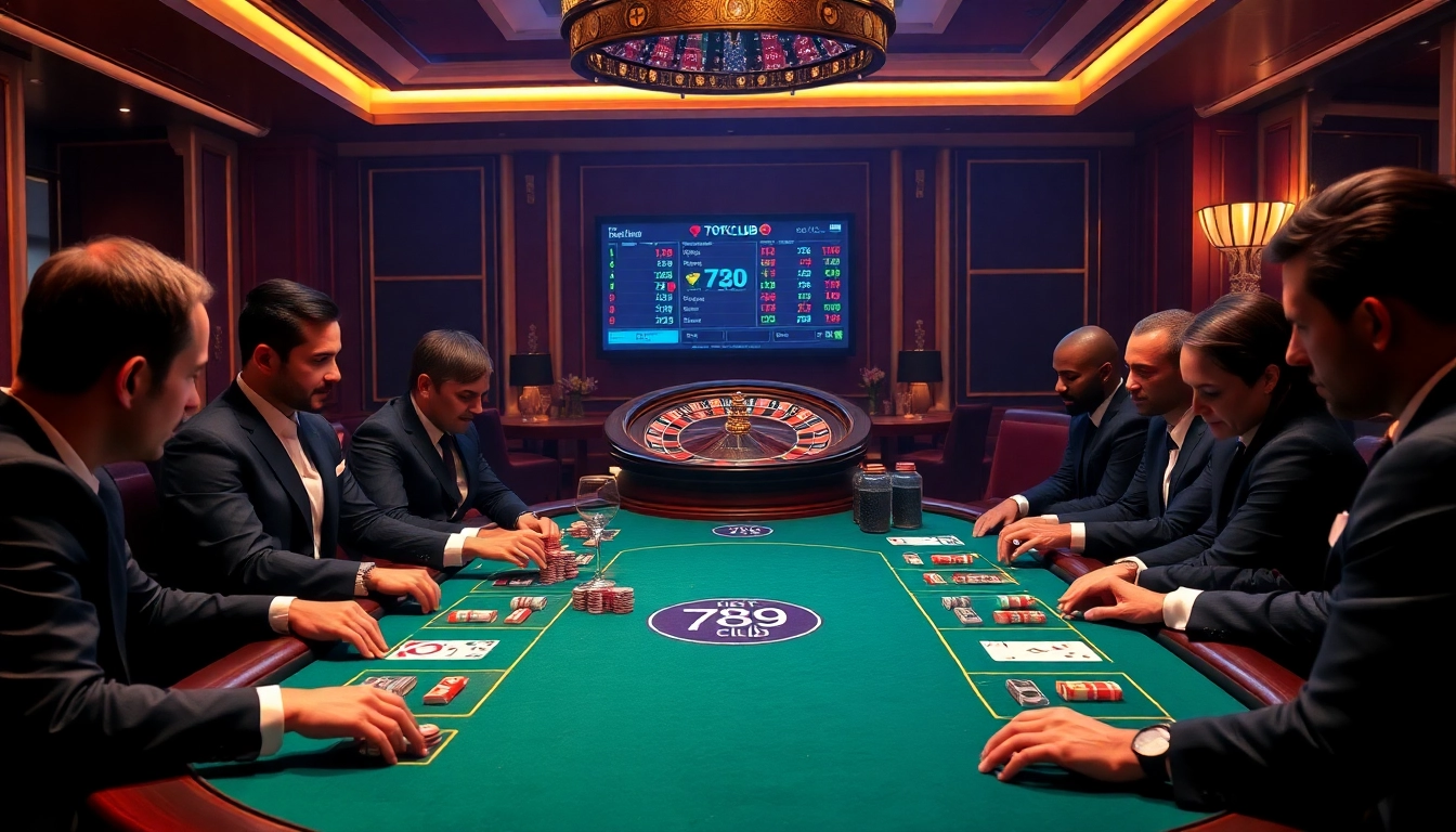 Players enjoying poker at the luxurious 789club casino, captured in a moment of suspense.