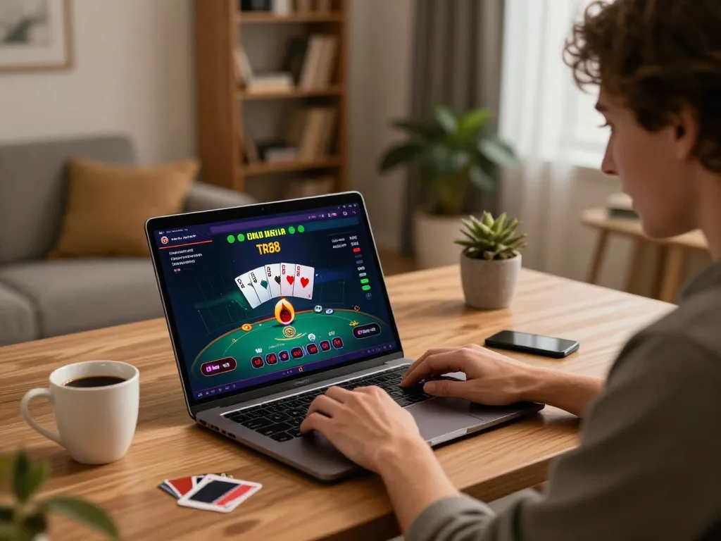 Engaged player enjoying TR88 online casino gaming on a modern laptop at home.