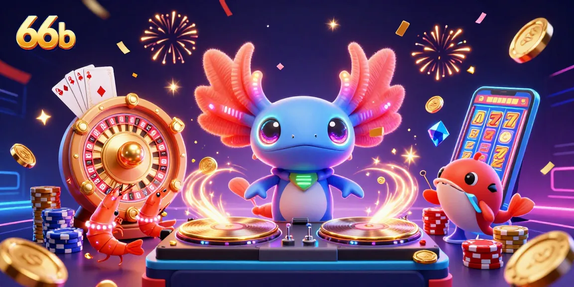 Engage with 66b themed casino illustration showcasing vibrant 3D axolotl DJ and lively gaming elements.