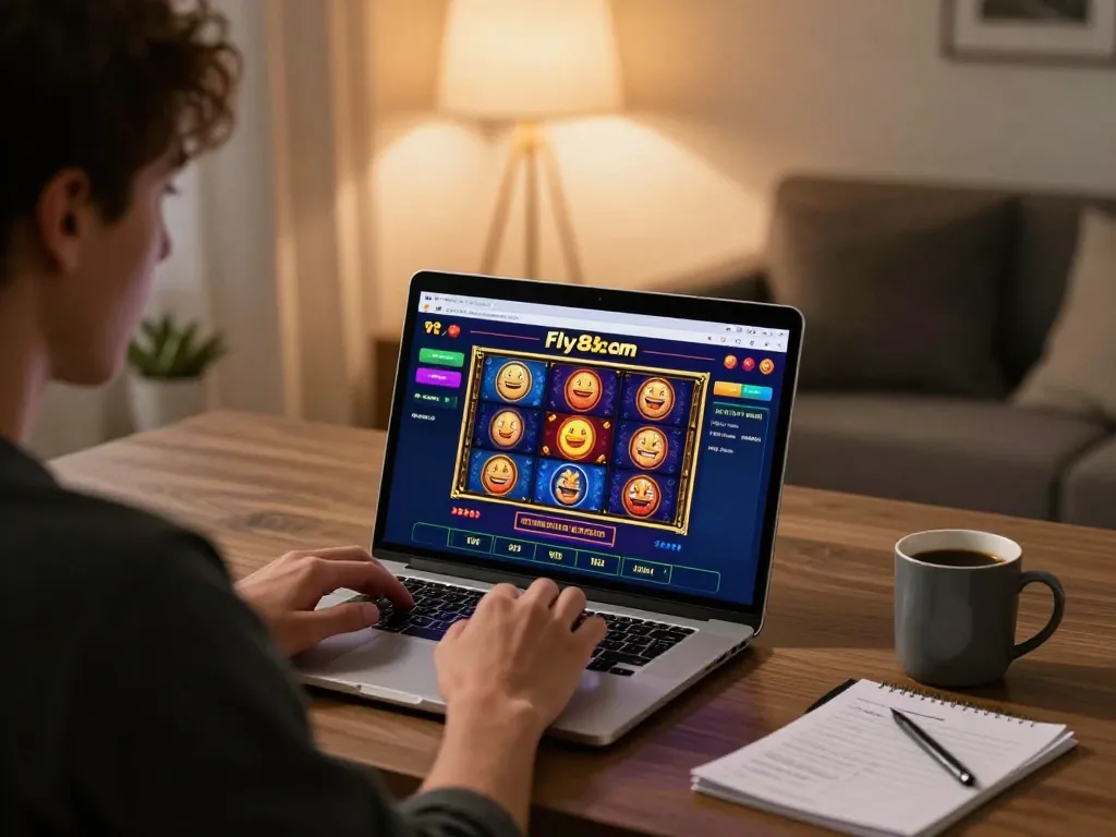 Engaging with fly88 com online gaming interface, showcasing a vibrant slot game experience at home.