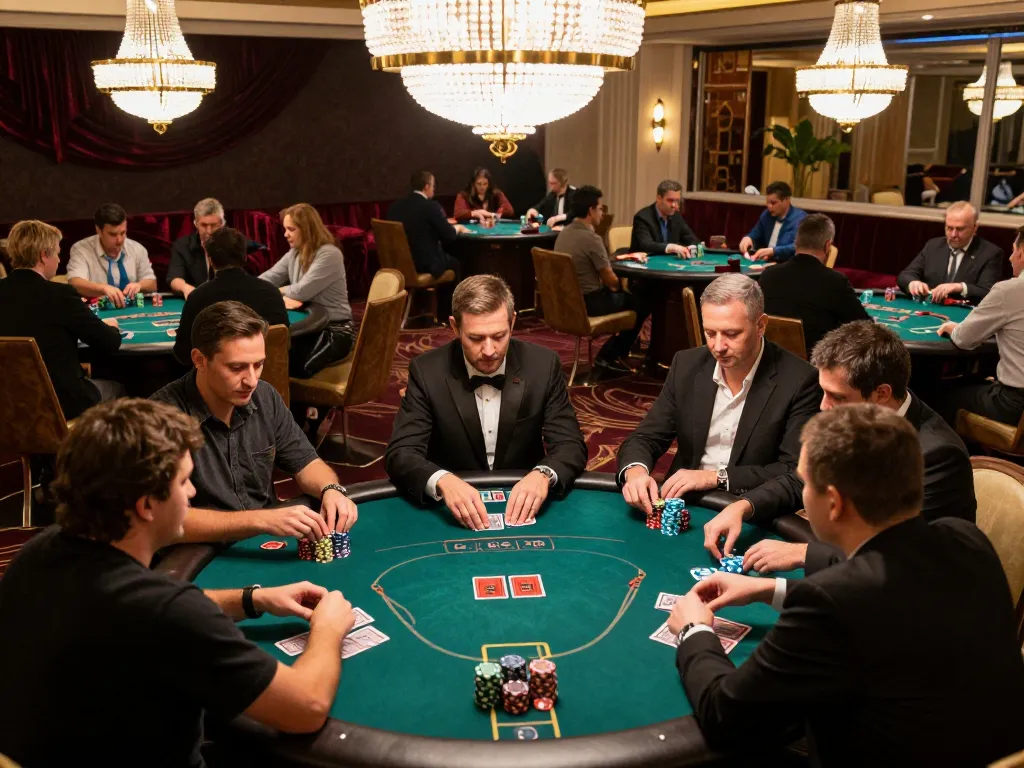 Players engaging in a high-stakes poker game at tablepremierr casino, showcasing strategic gameplay and luxury.