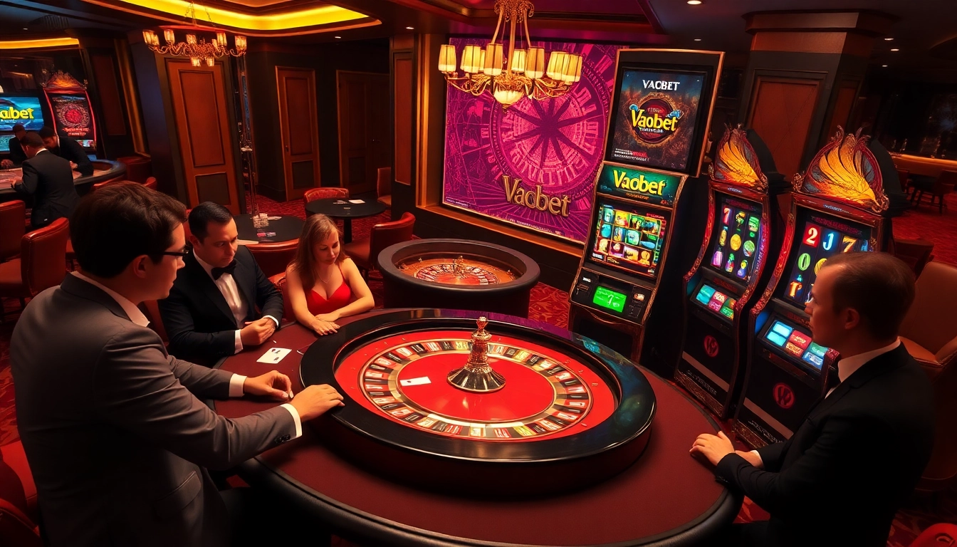 Vaobet casino area bustling with players at poker and roulette tables, capturing the excitement of gambling.