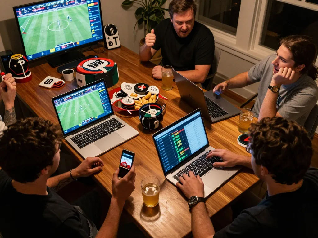 Engaging in sports betting on 58win with friends surrounding tablets, laptops, and live games.