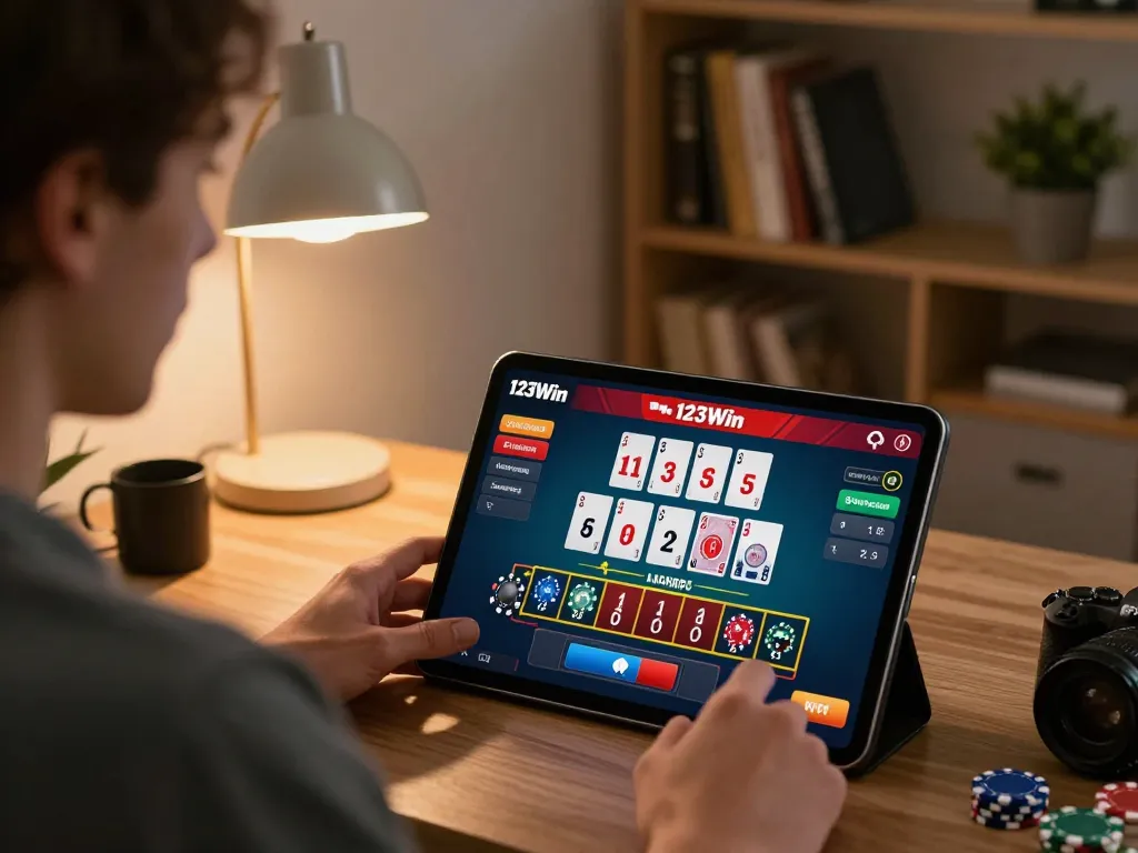 Gambler engaged with 123Win live dealer blackjack at home, focusing on winning strategies.