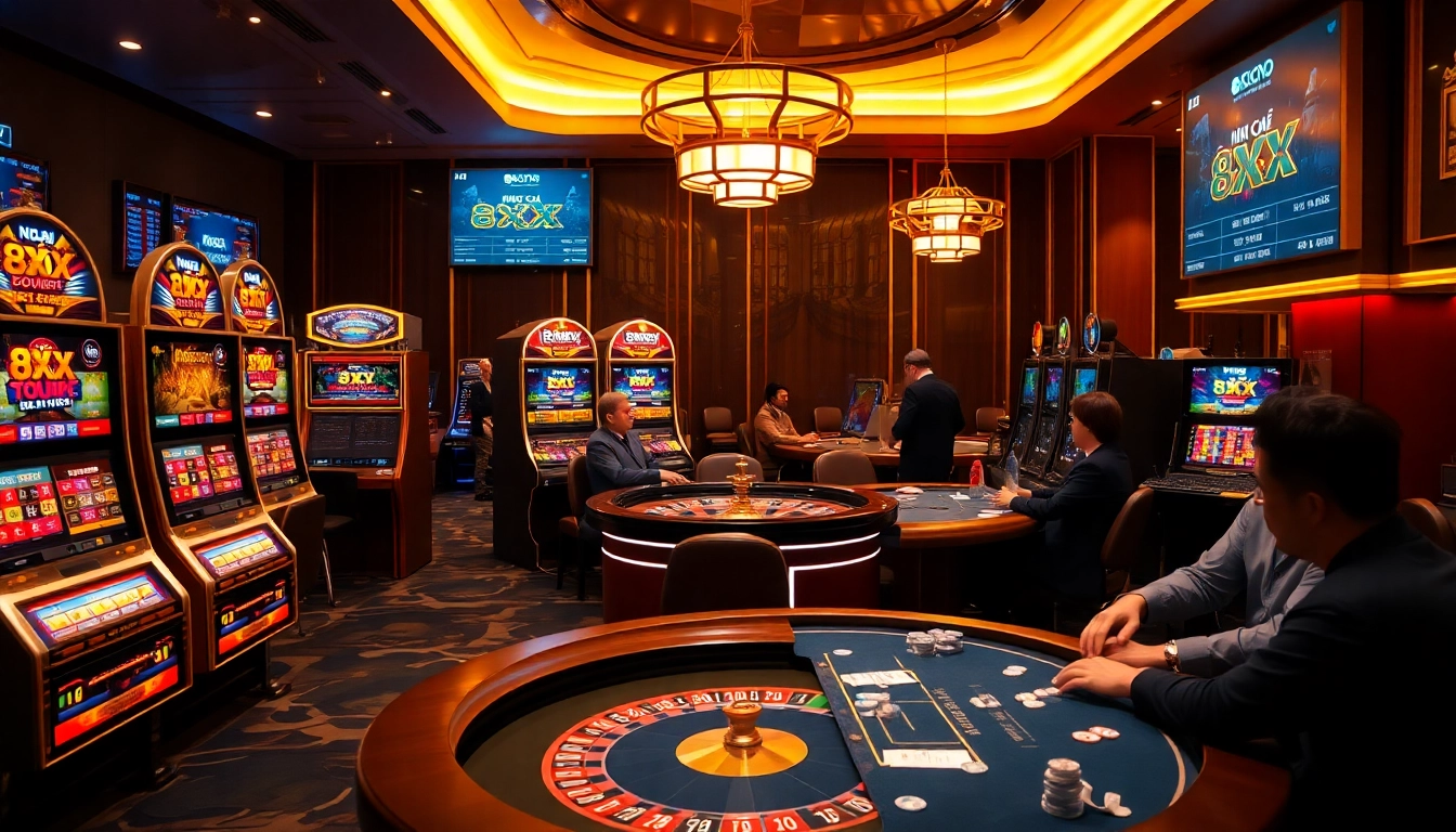 Experience the excitement of nhà cái 8XX with vibrant gaming scenes featuring roulette, slots, and engaged players.