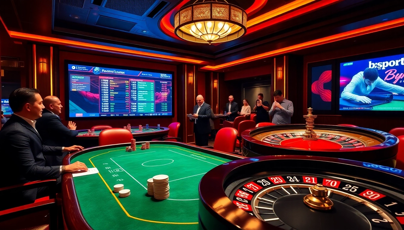 Experience the thrill of sports betting at bsport with a vibrant casino scene featuring poker and roulette.