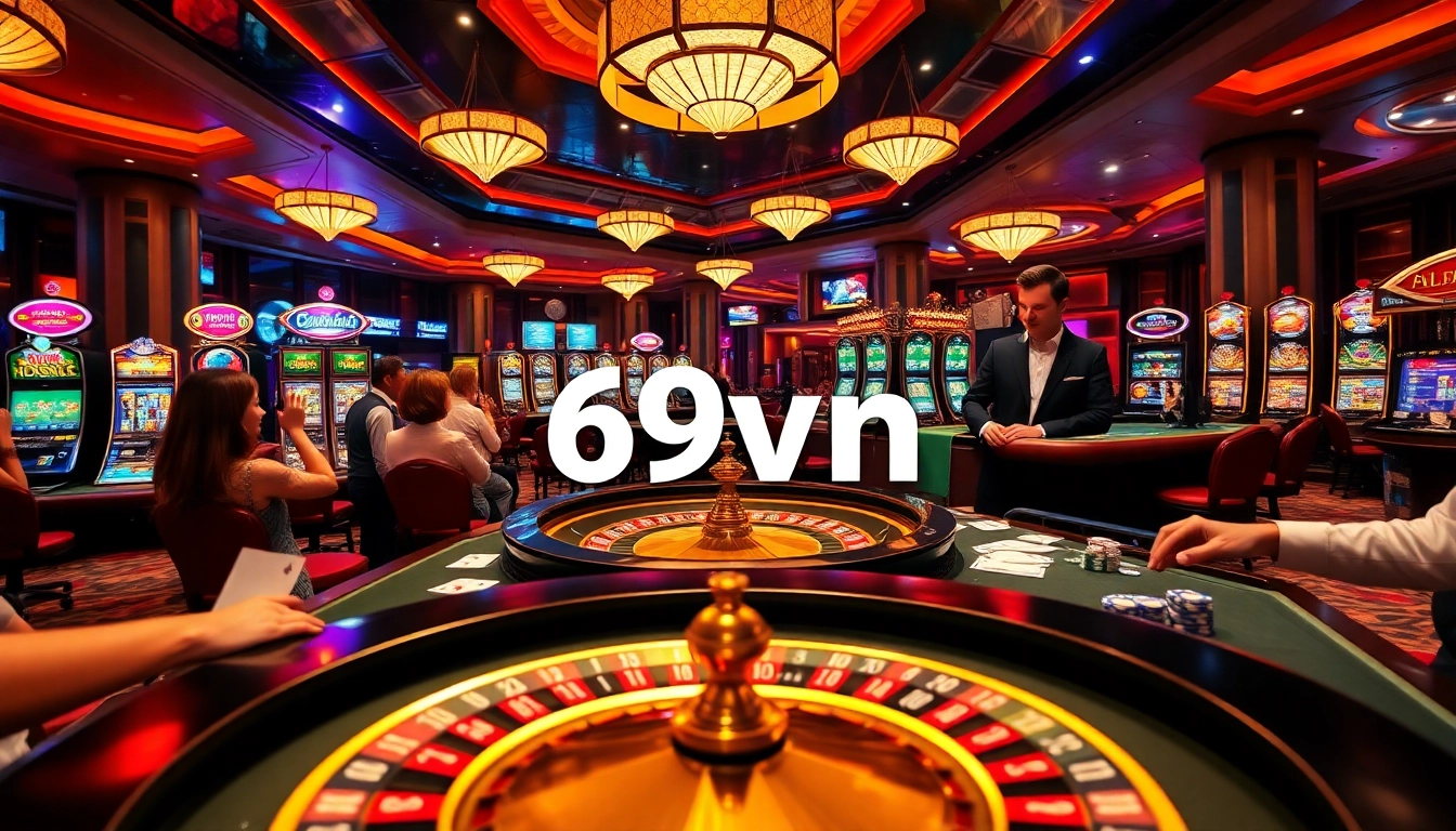 Engage in thrilling games at 69vn casino, featuring vibrant slots, poker chips, and lively players.