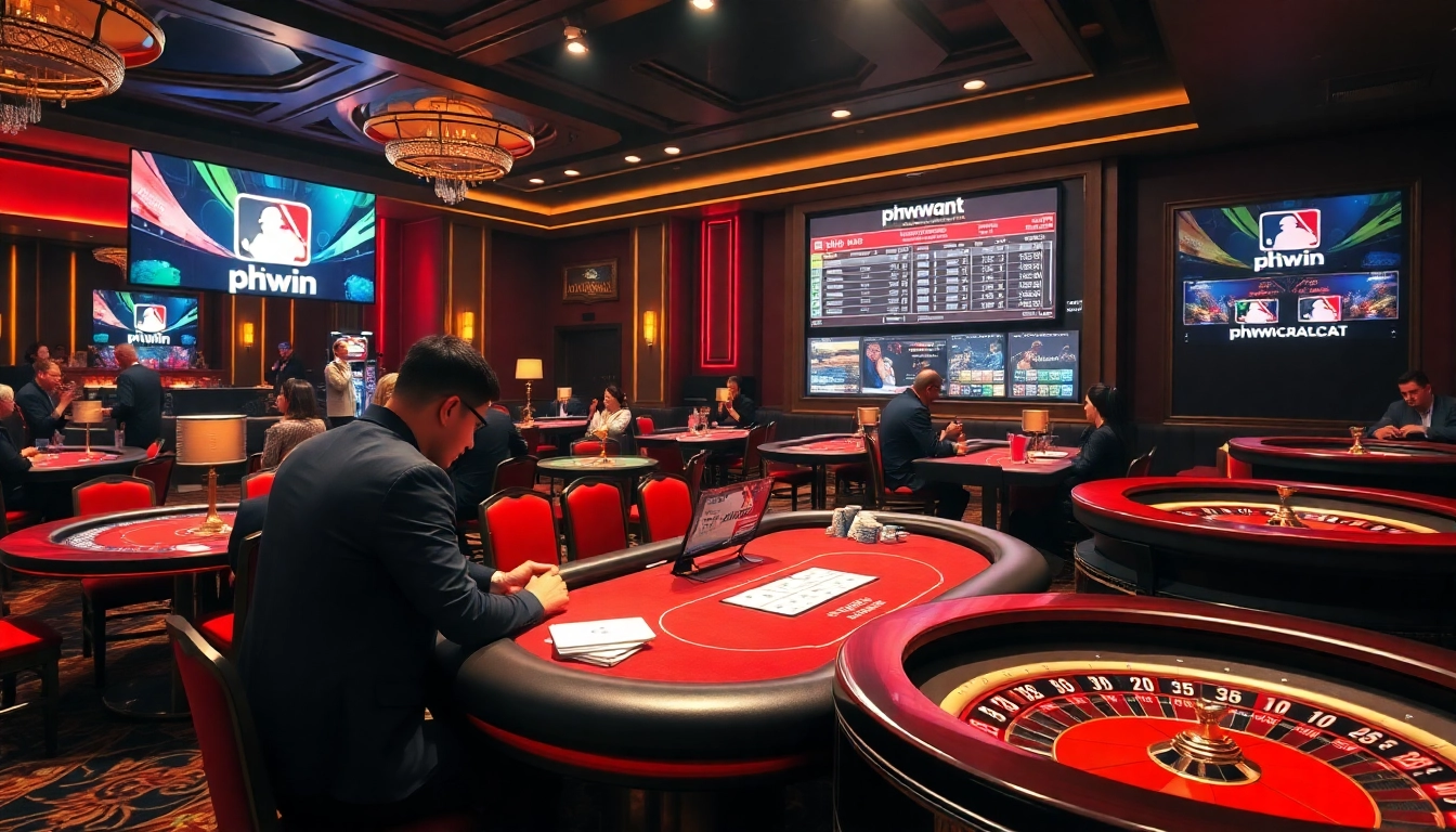 Experience the excitement of phwin with players at a high-stakes poker table in a luxurious casino setting.