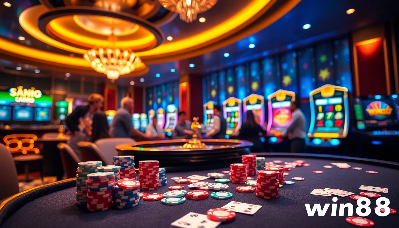 Winning action at Trang chủ win88 with a poker table, chips, and vibrant casino ambiance.