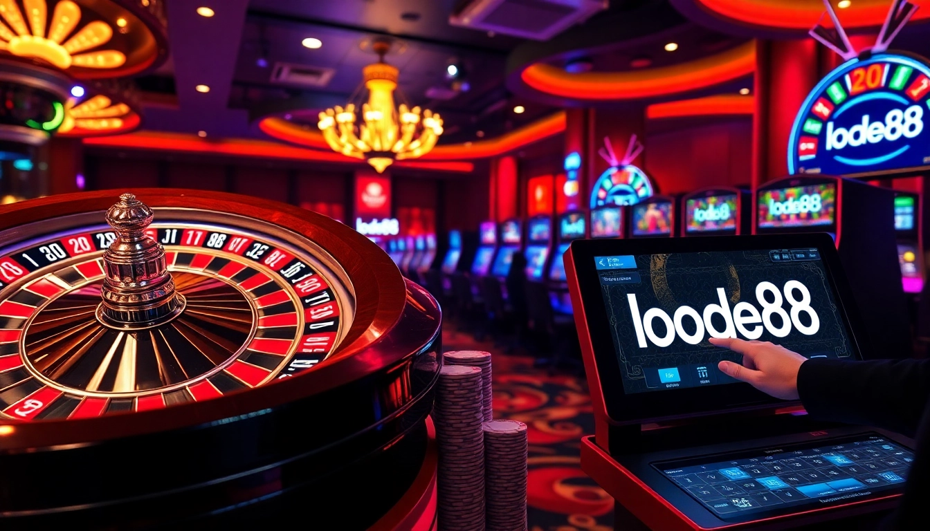 Engage in high-stakes play at lode88, featuring vibrant slot machines and a luxury roulette wheel.