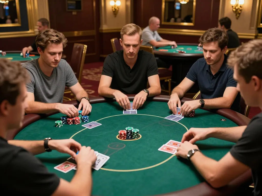 Experience the excitement of poker at a luxurious casino featuring hytw3339 gaming tables with engaged players.