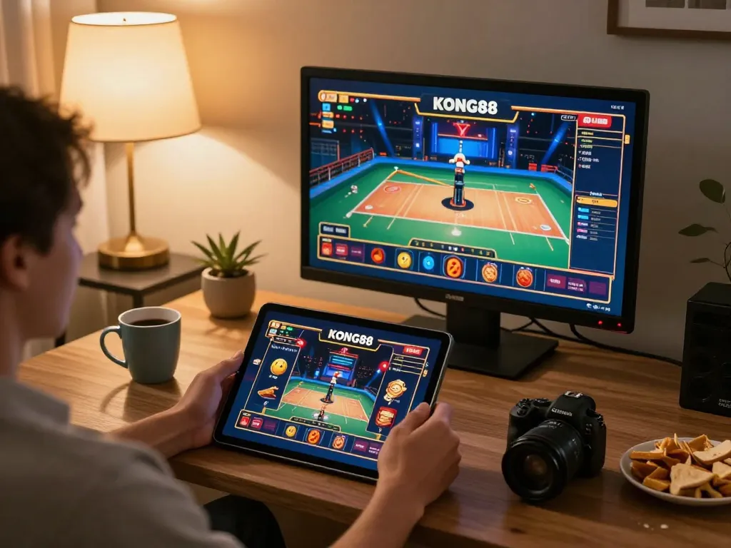 KONG88 online casino gaming scene showcasing a player engaged on a tablet in a cozy setting