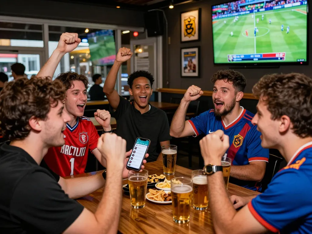 Friends excitedly enjoying a sports night while using the rikbet app at a lively sports bar.