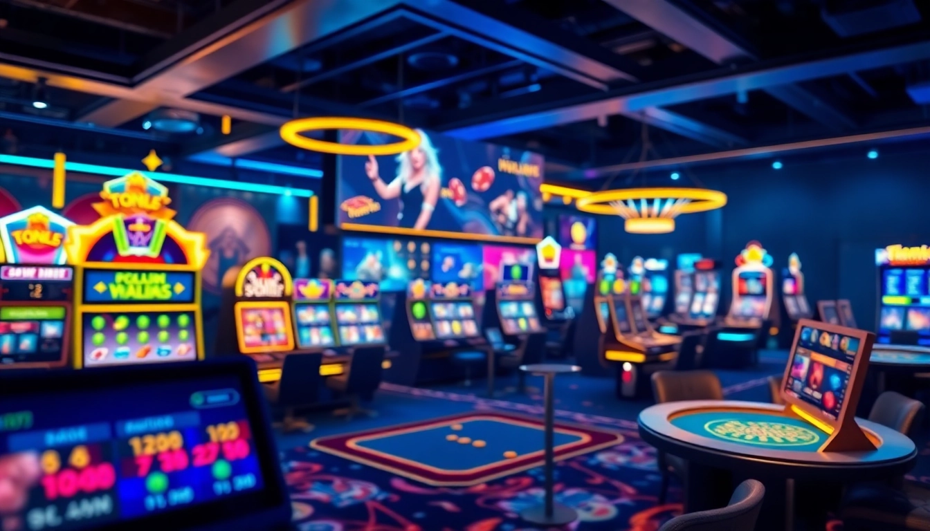 Nohu52 engaging online gaming interface showcasing vibrant slot machines and poker tables.