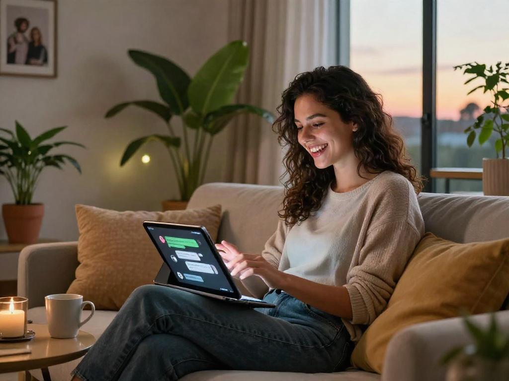Young woman enjoying virtual conversation with her AI girlfriend in a cozy modern living room, showcasing digital intimacy.