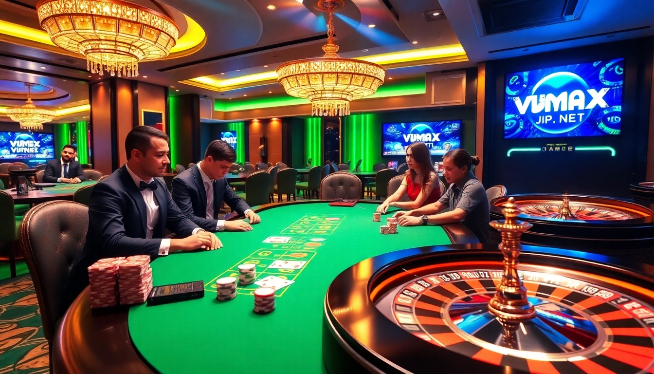 Engaging poker scene at vmax.jp.net, showcasing expert players amidst vibrant casino decor.